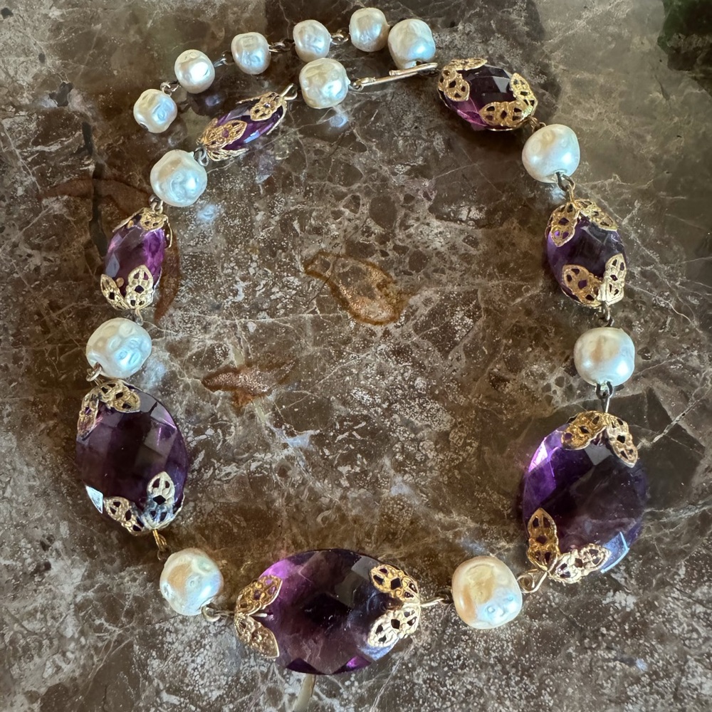 Vintage Amethyst Stone/Freshwater Pearl Choker Necklace